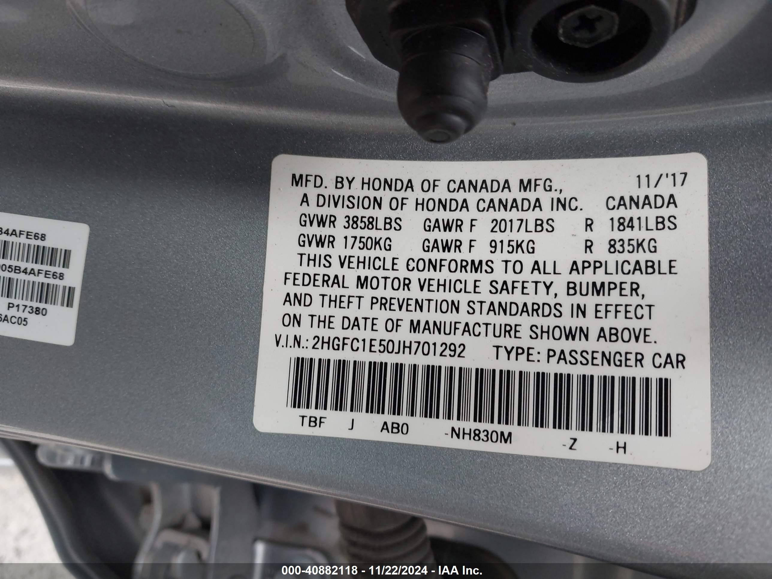 2018 Honda Civic VIN 2HGFC1E50JH701292 IAAI salvage auction — Front End, Salvage Title, sold $5,625 on 2025-08-21 (photo 9)