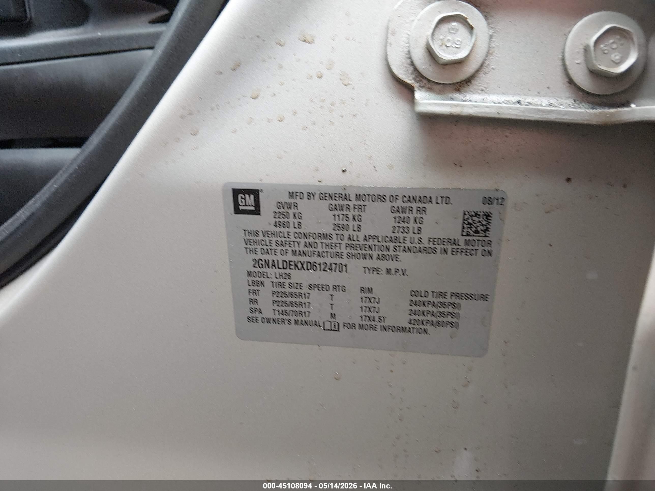 2013 Chevrolet Equinox VIN 2GNALDEKXD6124701 IAAI salvage auction — Front End, Salvage (Massachusetts), sold $150 on 2026-07-07 (photo 9)