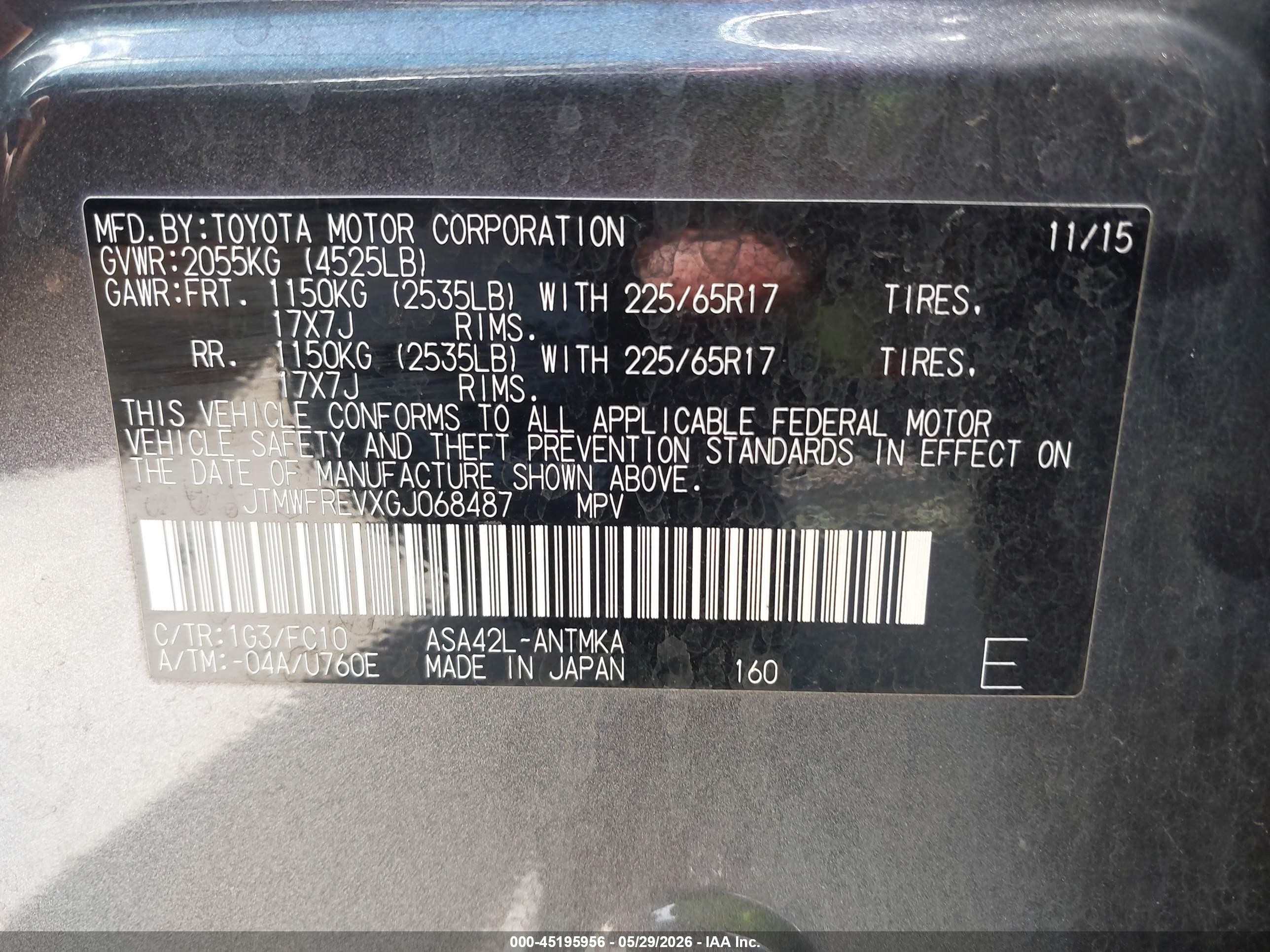 2016 Toyota RAV4 VIN JTMWFREVXGJ068487 IAAI salvage auction — Front End, Salvage (California), sold $4,050 on 2026-07-05 (photo 9)