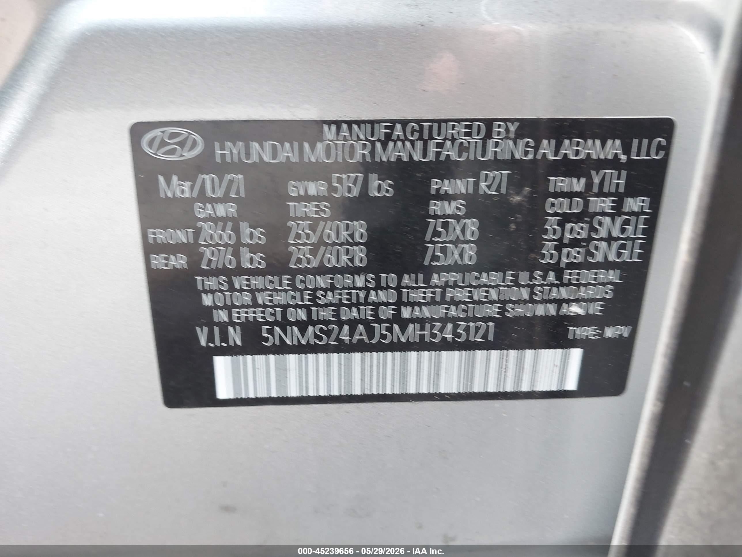 2021 Hyundai Santa Fe VIN 5NMS24AJ5MH343121 IAAI salvage auction — Rear End, Rebuildable (Florida), sold $6,800 on 2026-07-06 (photo 9)