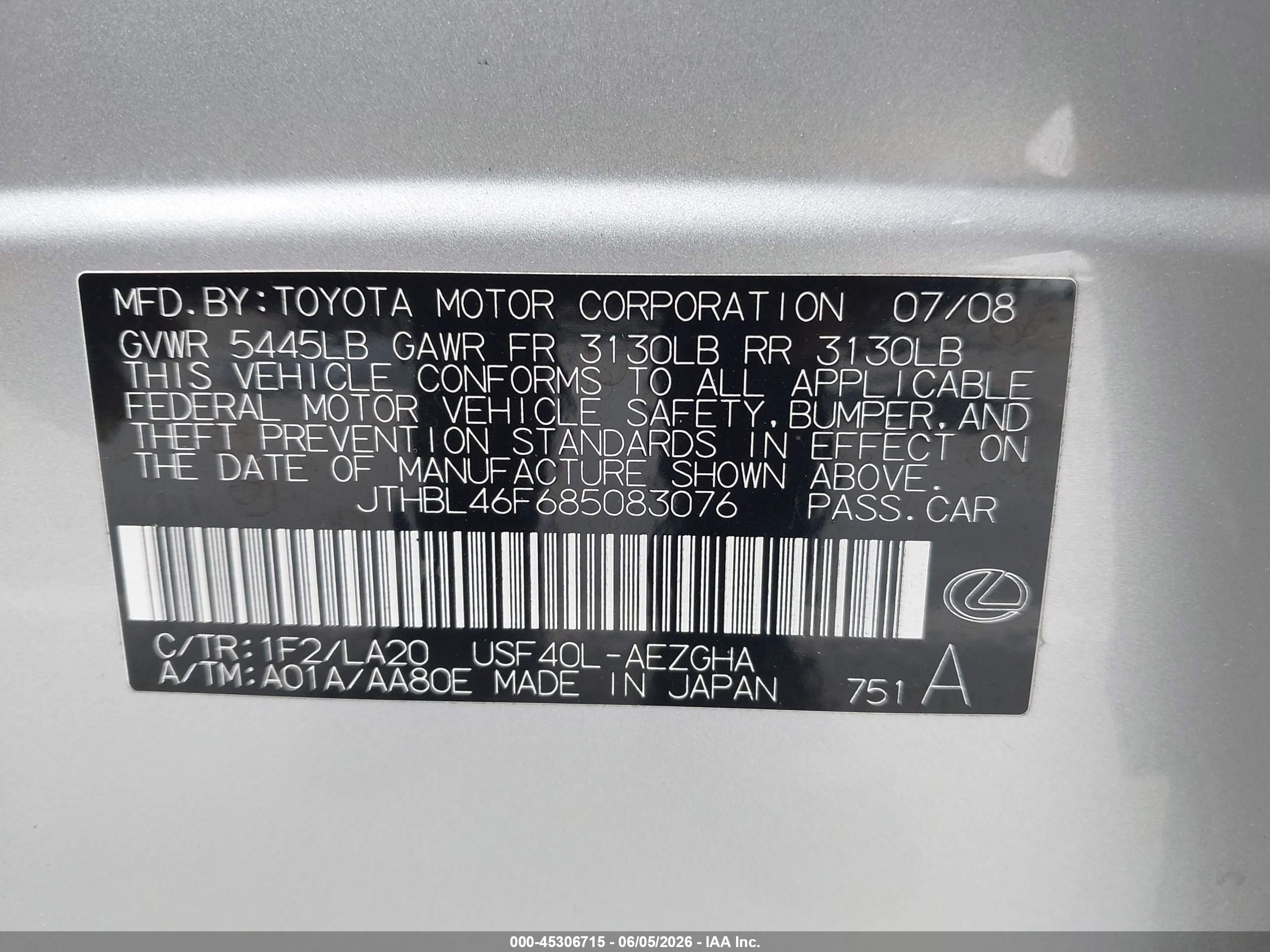 2008 Lexus LS 460 VIN JTHBL46F685083076 IAAI salvage auction — Front End, Salvage (California), sold $1,000 on 2026-07-05 (photo 9)